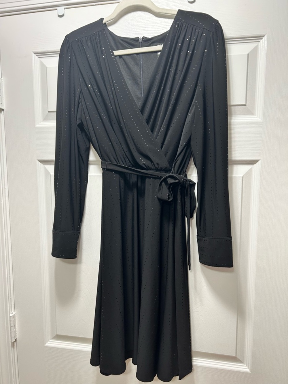 DKNY Black Long-Sleeve Wrap Dress with Subtle Sparkle